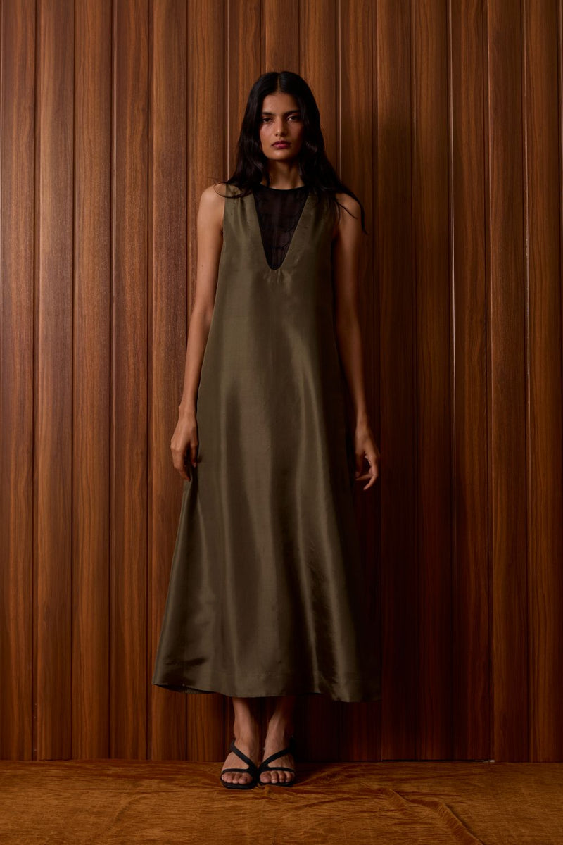 Velyra Olive Silk Dress silk by The Summer House in olive color for women Worldwide