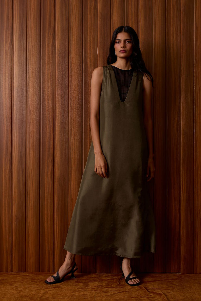 Velyra Olive Silk Dress silk by The Summer House in olive color for women Worldwide