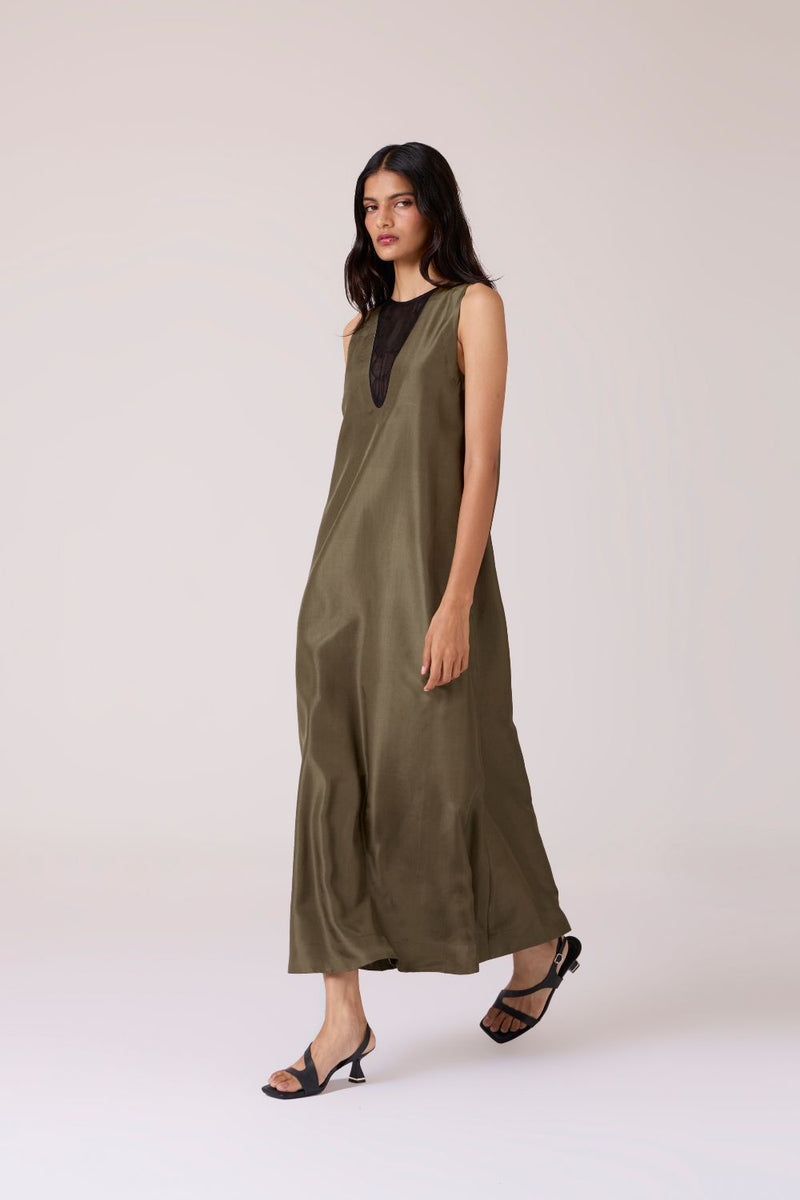 Velyra Olive Silk Dress silk by The Summer House in olive color for women Worldwide
