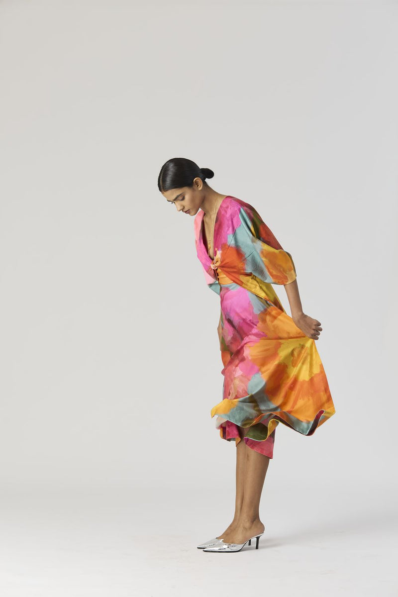 VERONICA FRONT KNOTTED DRESS satin by Yam in multi color for women Worldwide
