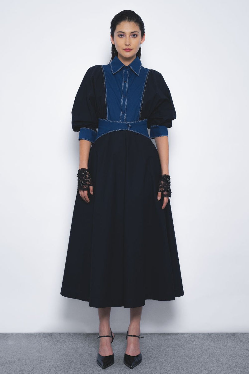 Vesper Dress - Navy and Lapis cotton by Leh Studios in multi color for women Worldwide