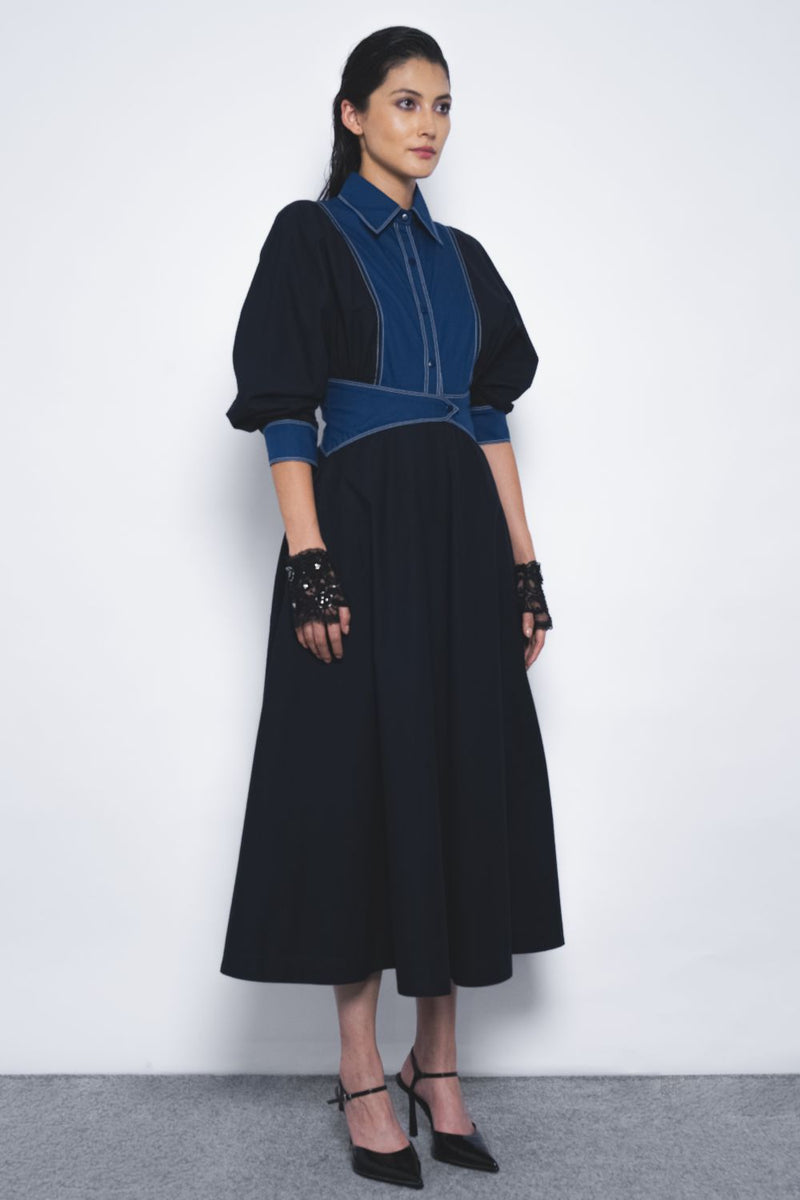 Vesper Dress - Navy and Lapis cotton by Leh Studios in multi color for women Worldwide