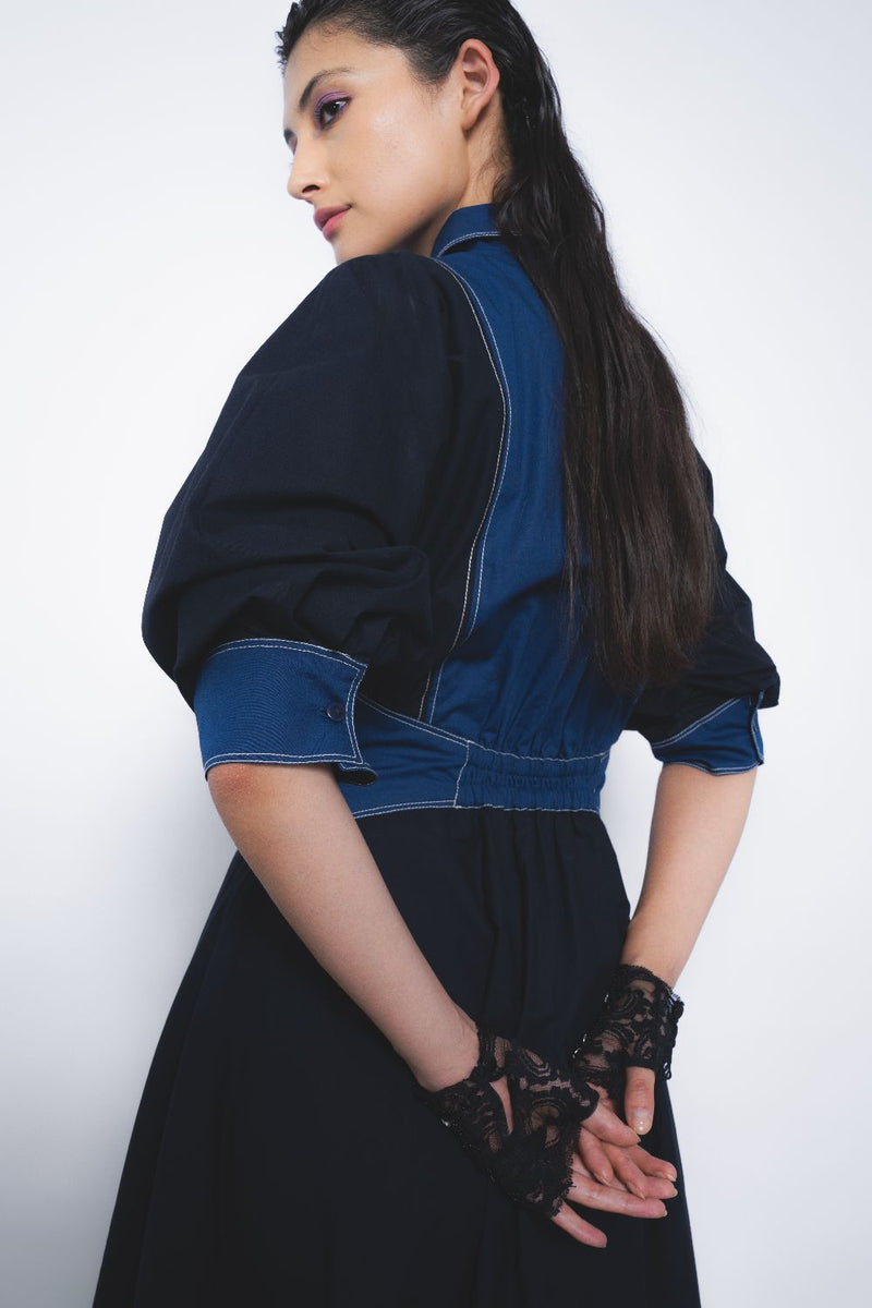 Vesper Dress - Navy and Lapis cotton by Leh Studios in multi color for women Worldwide