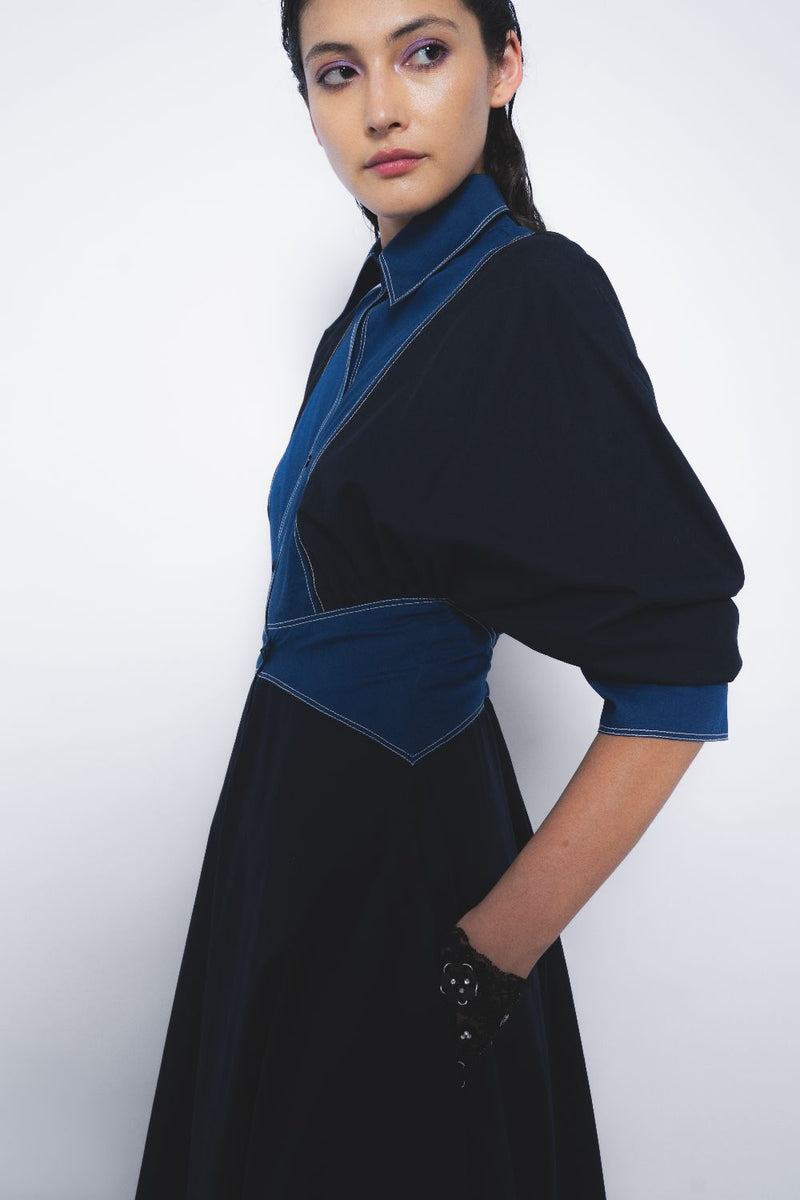 Vesper Dress - Navy and Lapis cotton by Leh Studios in multi color for women Worldwide