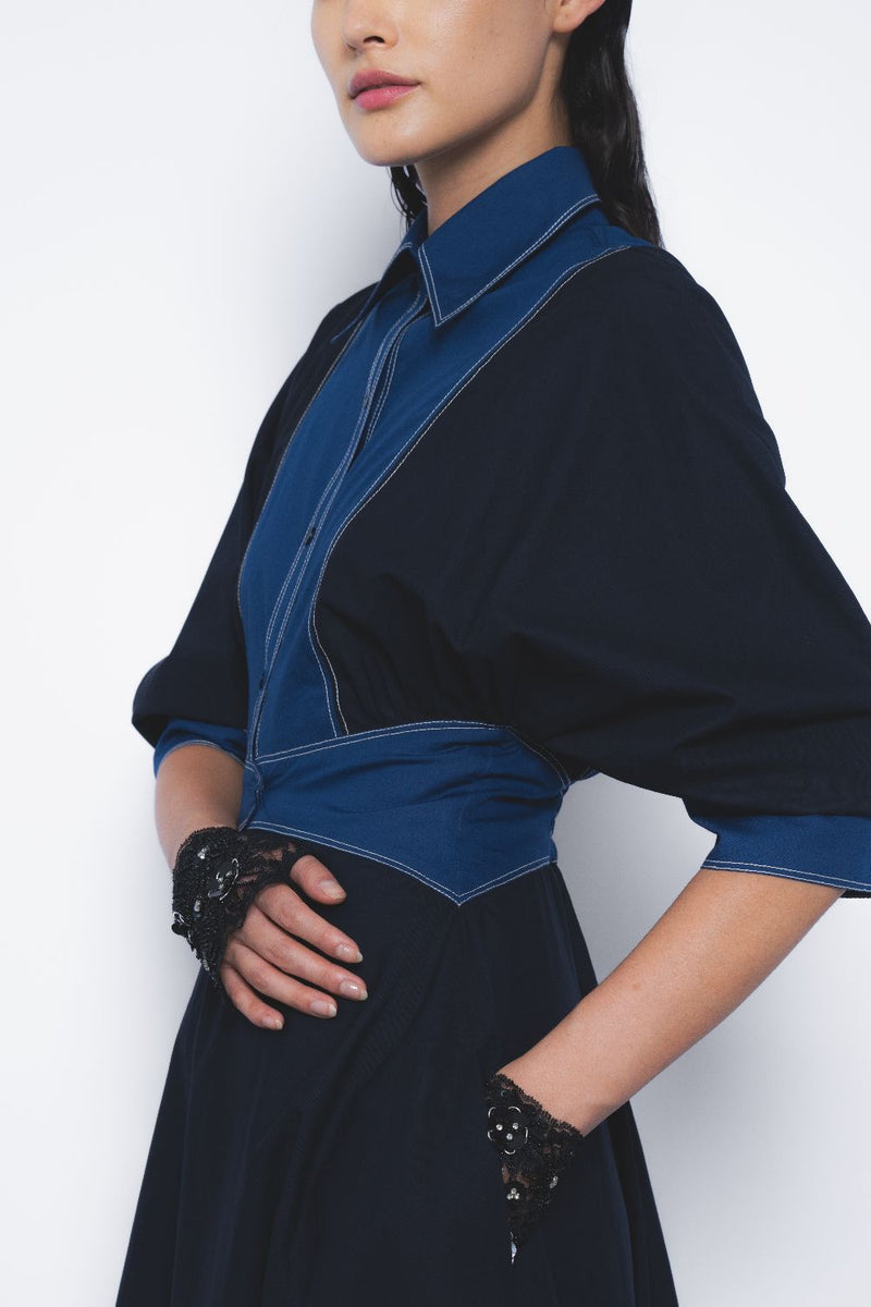 Vesper Dress - Navy and Lapis cotton by Leh Studios in multi color for women Worldwide