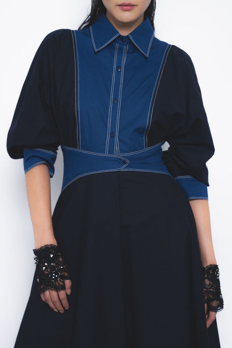 Vesper Dress - Navy and Lapis cotton by Leh Studios in multi color for women Worldwide