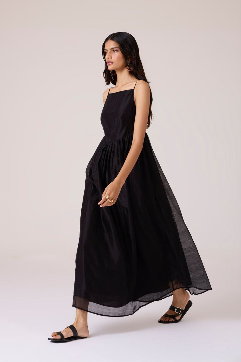 Vespera Black Handwoven Dress chanderi by The Summer House in black color for women Worldwide