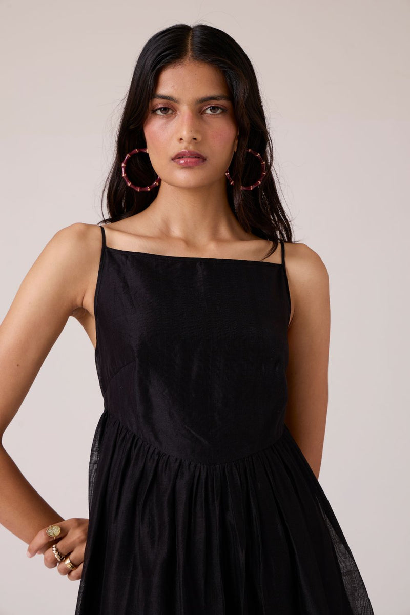 Vespera Black Handwoven Dress chanderi by The Summer House in black color for women Worldwide