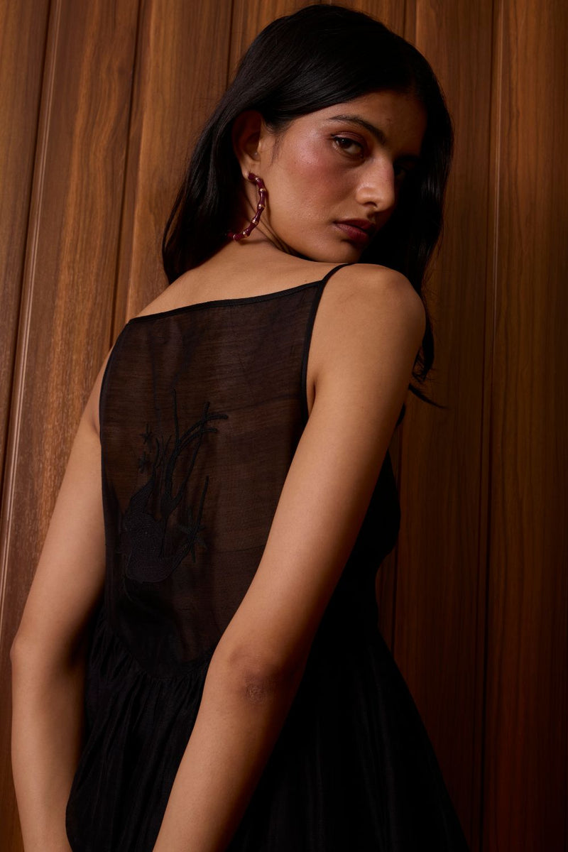Vespera Black Handwoven Dress chanderi by The Summer House in black color for women Worldwide