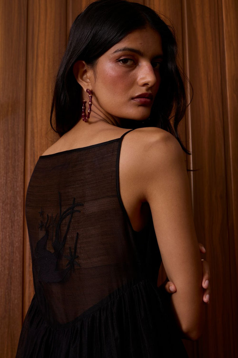 Vespera Black Handwoven Dress chanderi by The Summer House in black color for women Worldwide