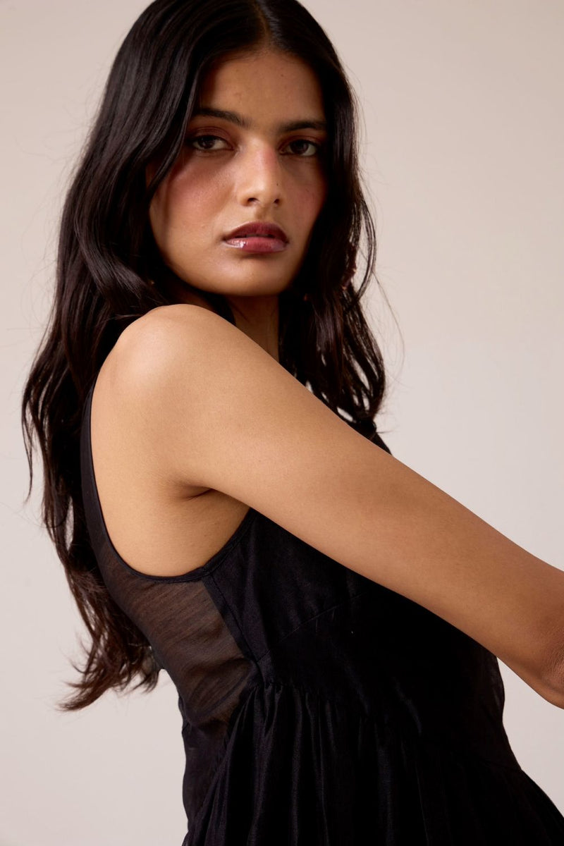 Vespera Black Handwoven Dress chanderi by The Summer House in black color for women Worldwide