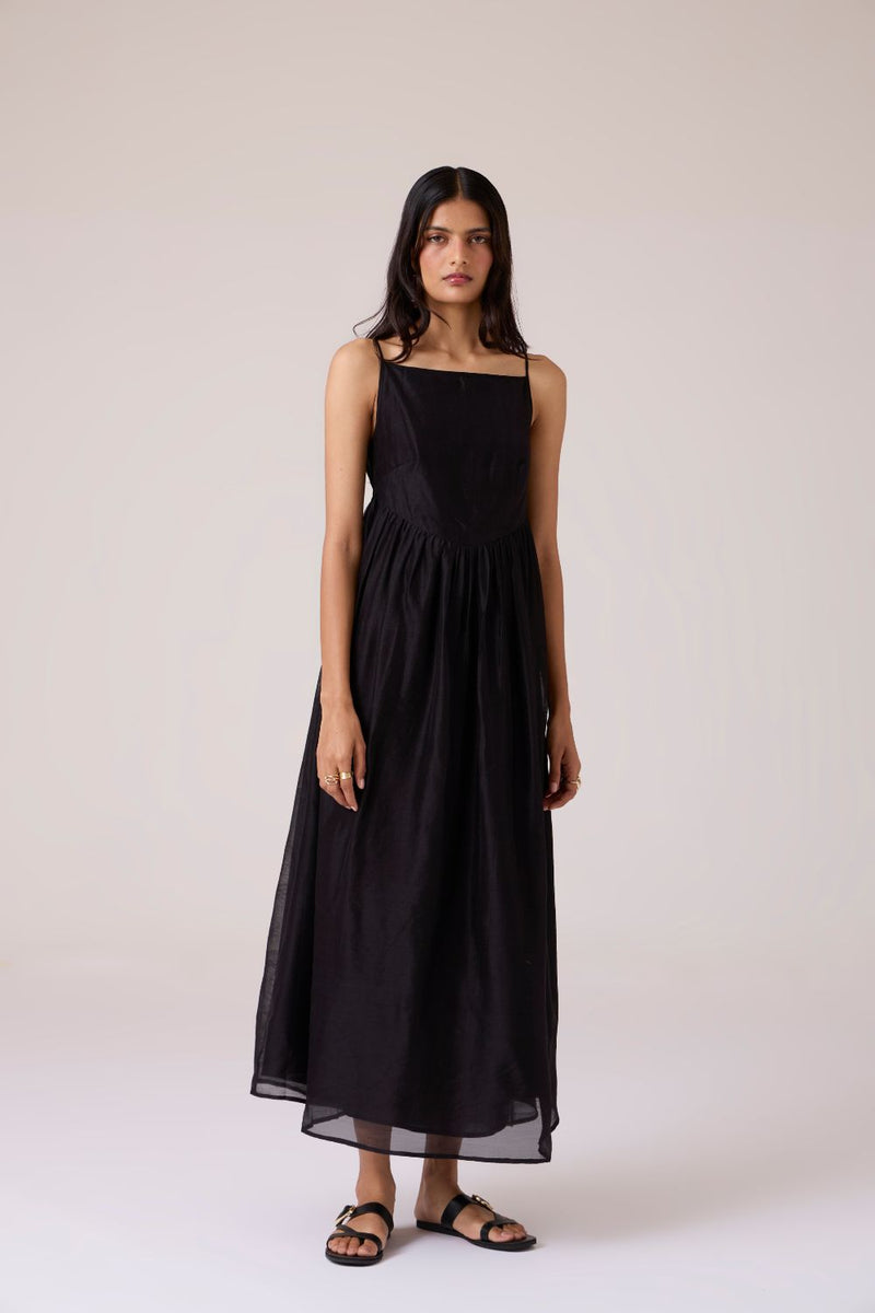 Vespera Black Handwoven Dress chanderi by The Summer House in black color for women Worldwide