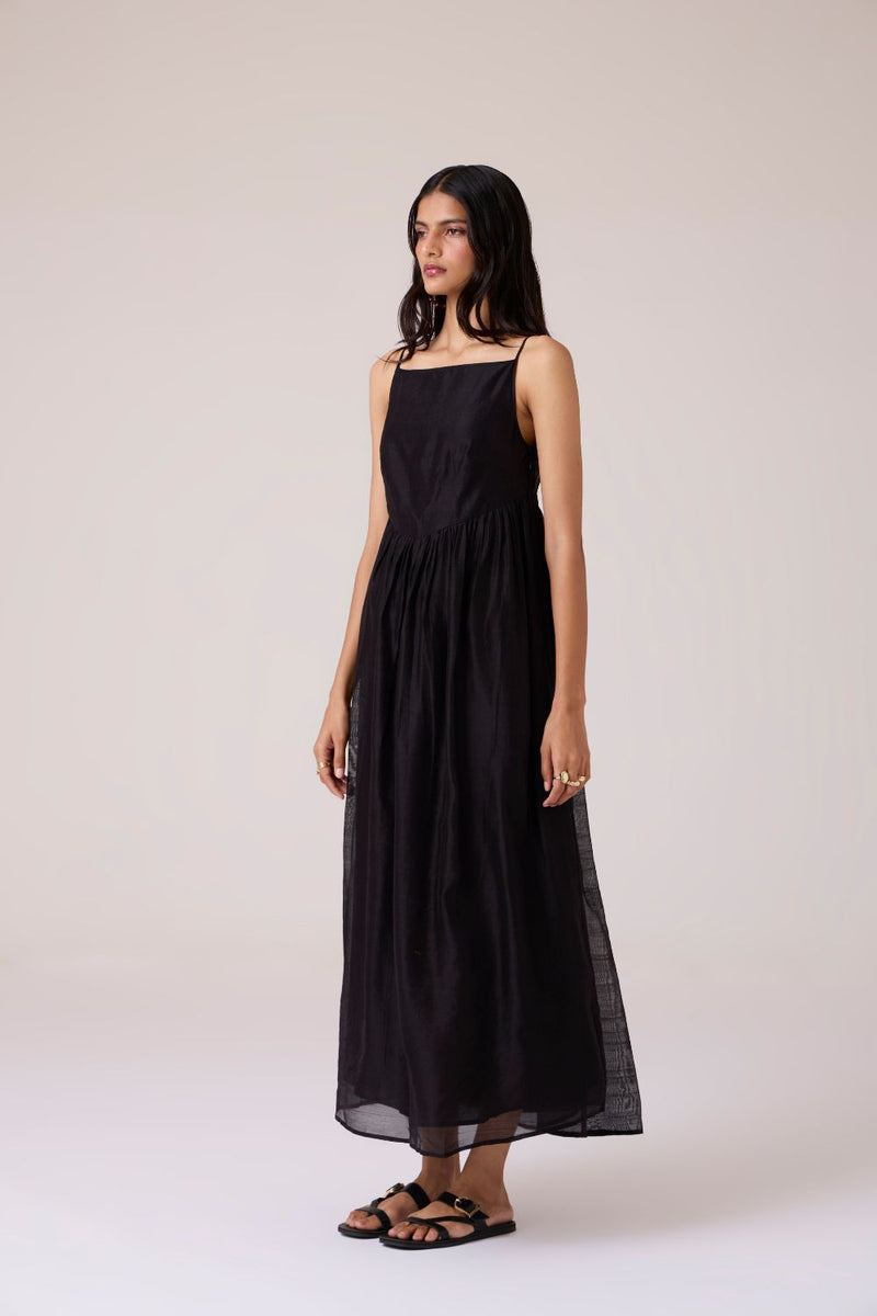 Vespera Black Handwoven Dress chanderi by The Summer House in black color for women Worldwide