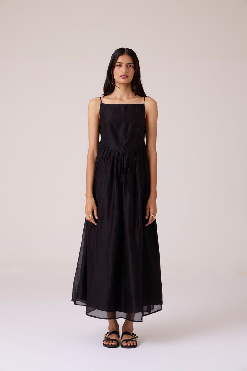 Vespera Black Handwoven Dress chanderi by The Summer House in black color for women Worldwide