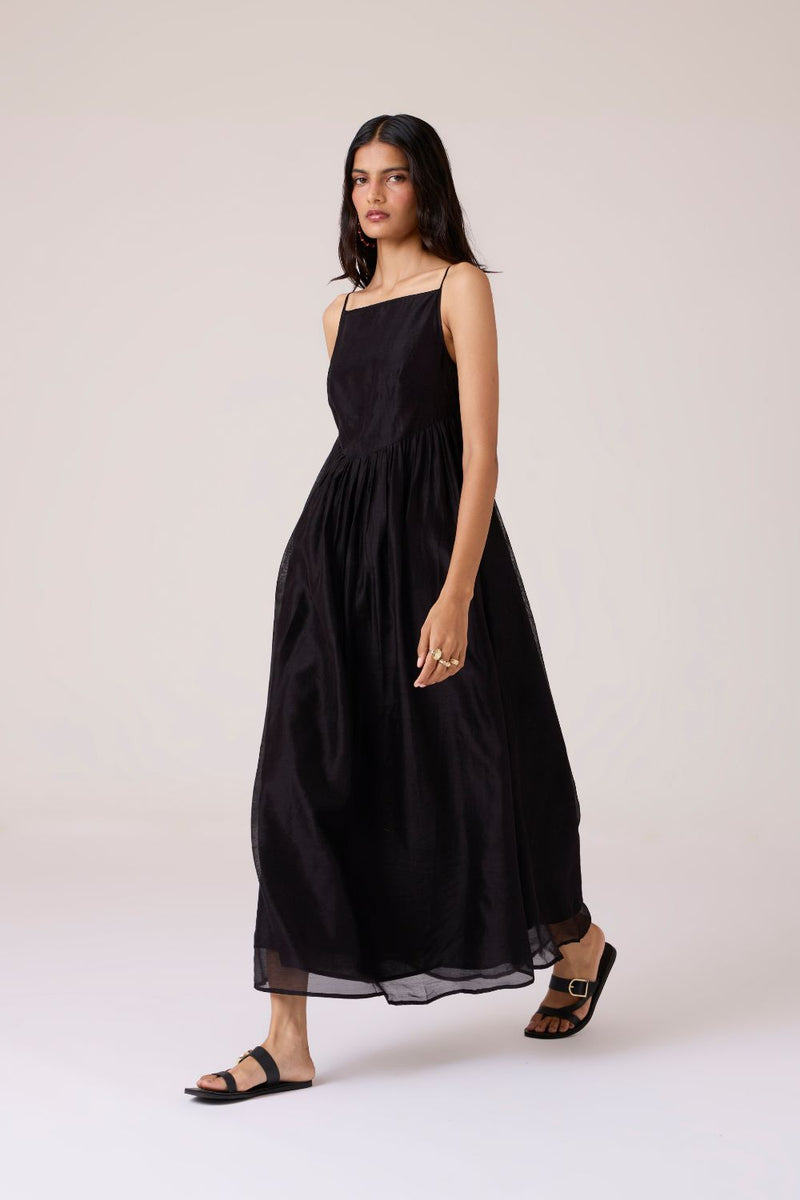 Vespera Black Handwoven Dress chanderi by The Summer House in black color for women Worldwide