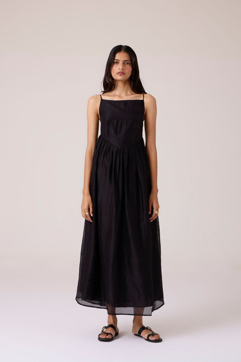 Vespera Black Handwoven Dress chanderi by The Summer House in black color for women Worldwide
