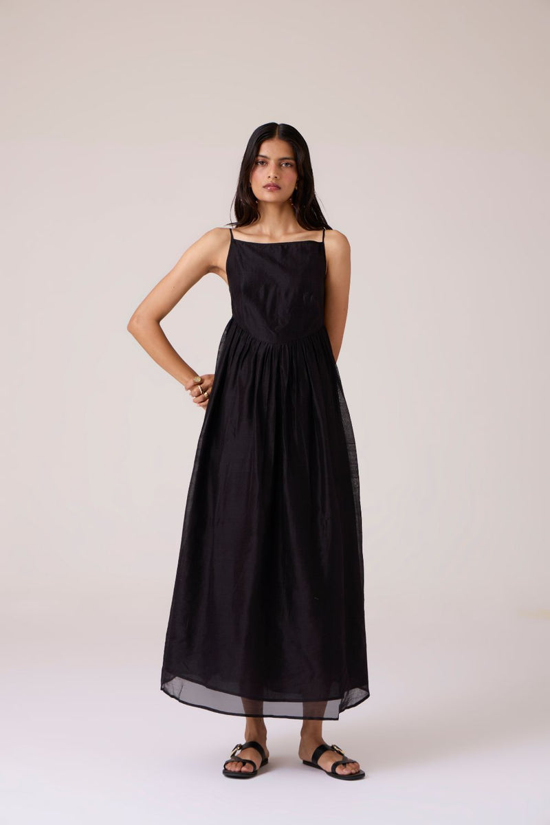 Vespera Black Handwoven Dress chanderi by The Summer House in black color for women Worldwide