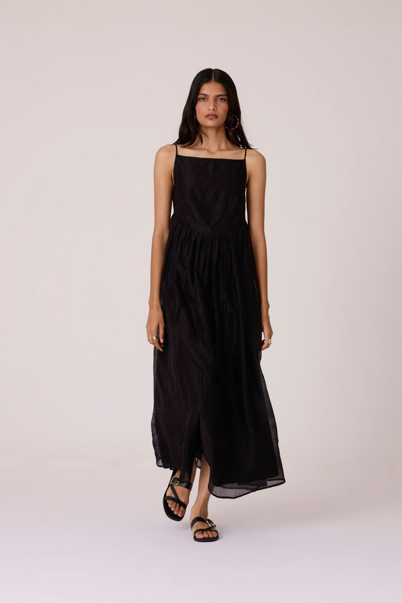 Vespera Black Handwoven Dress chanderi by The Summer House in black color for women Worldwide
