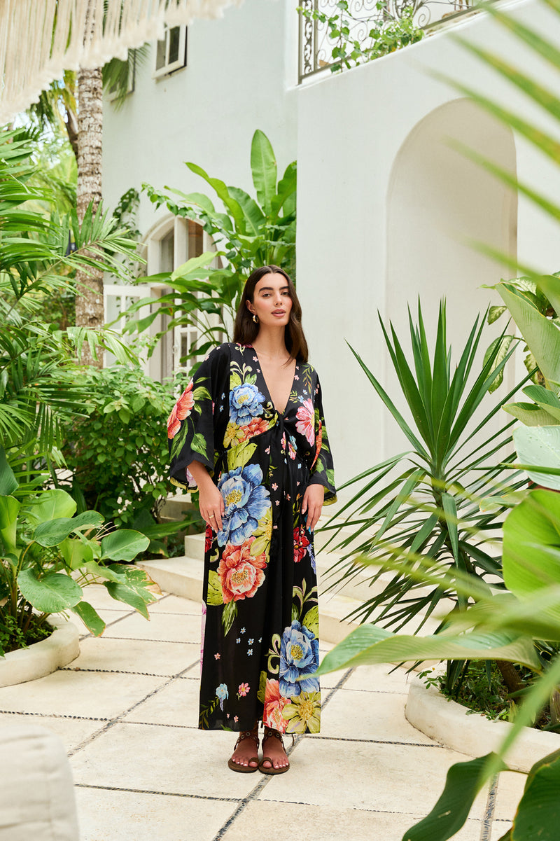 Viola Coverup-Bloom modal satin resort wear by NOIB in black for women Worldwide