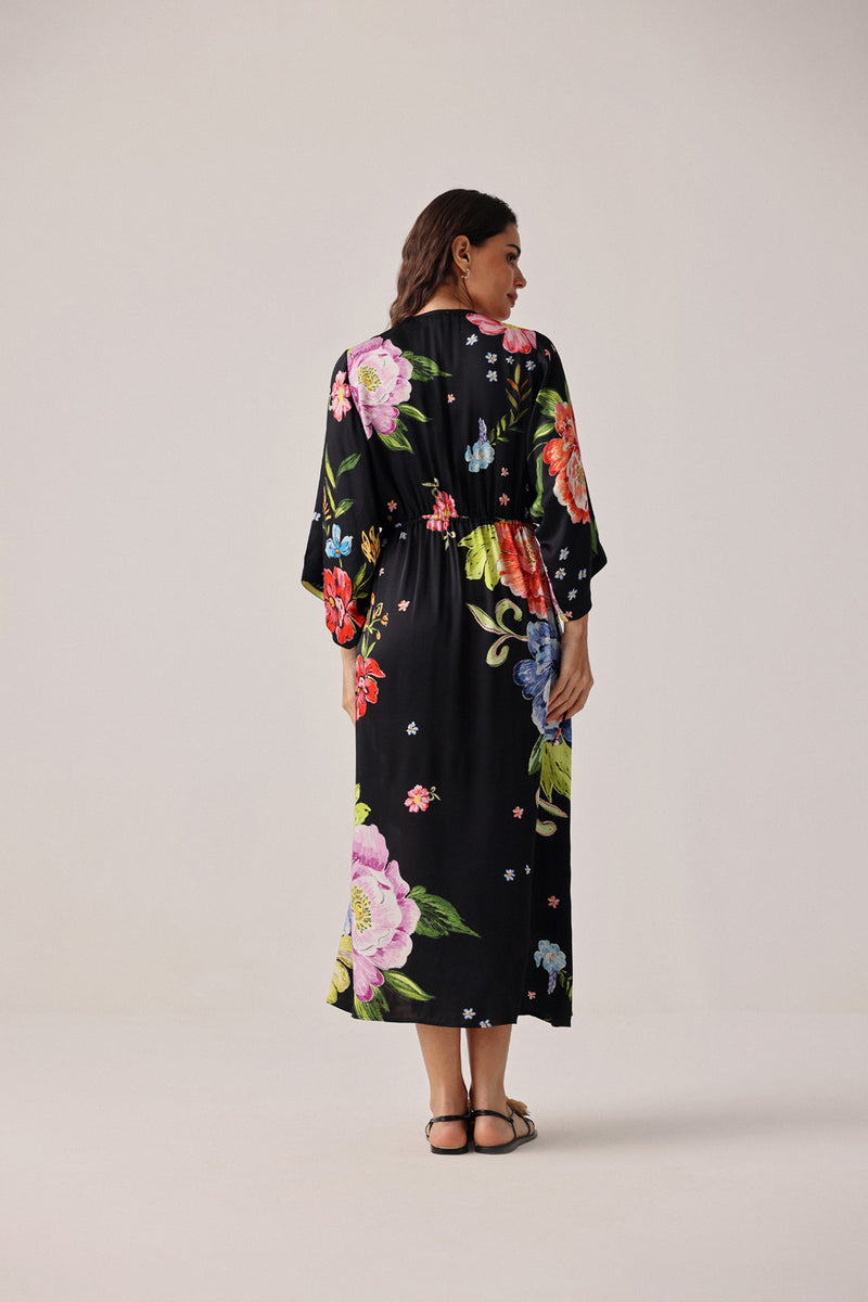 Viola Coverup-Bloom modal satin resort wear by NOIB in black for women Worldwide
