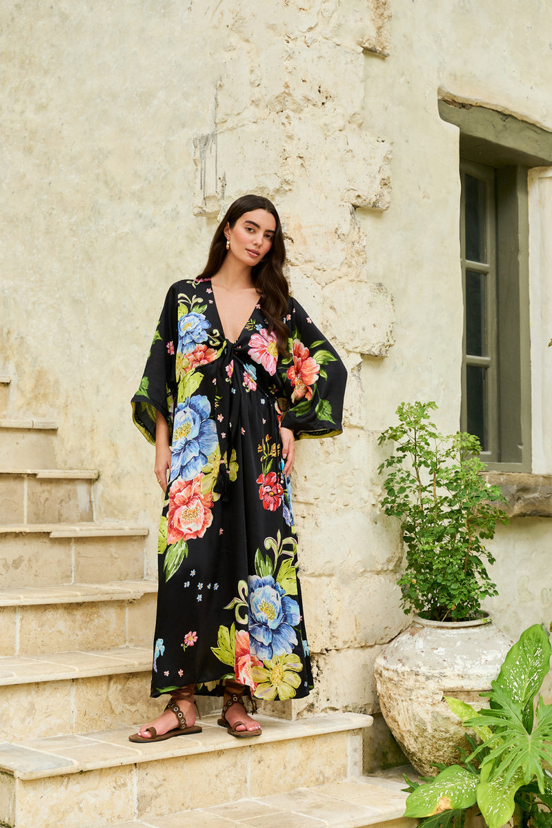 Viola Coverup-Bloom modal satin resort wear by NOIB in black for women Worldwide