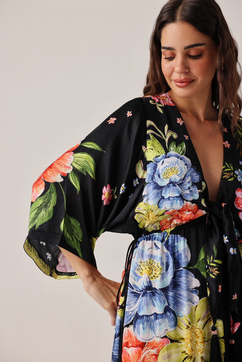 Viola Coverup-Bloom modal satin resort wear by NOIB in black for women Worldwide