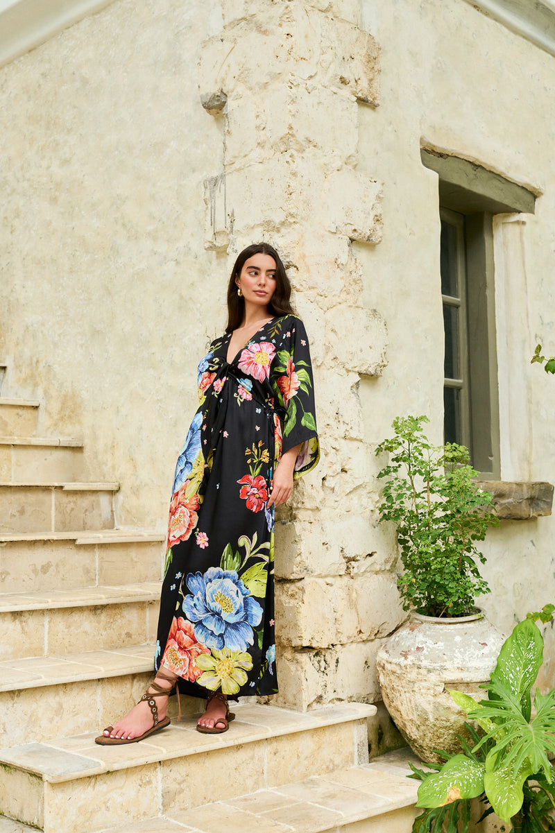 Viola Coverup-Bloom modal satin resort wear by NOIB in black for women Worldwide