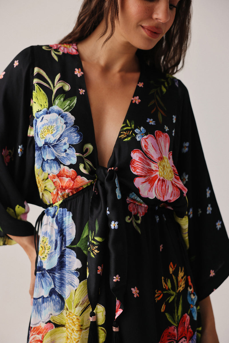 Viola Coverup-Bloom modal satin resort wear by NOIB in black for women Worldwide