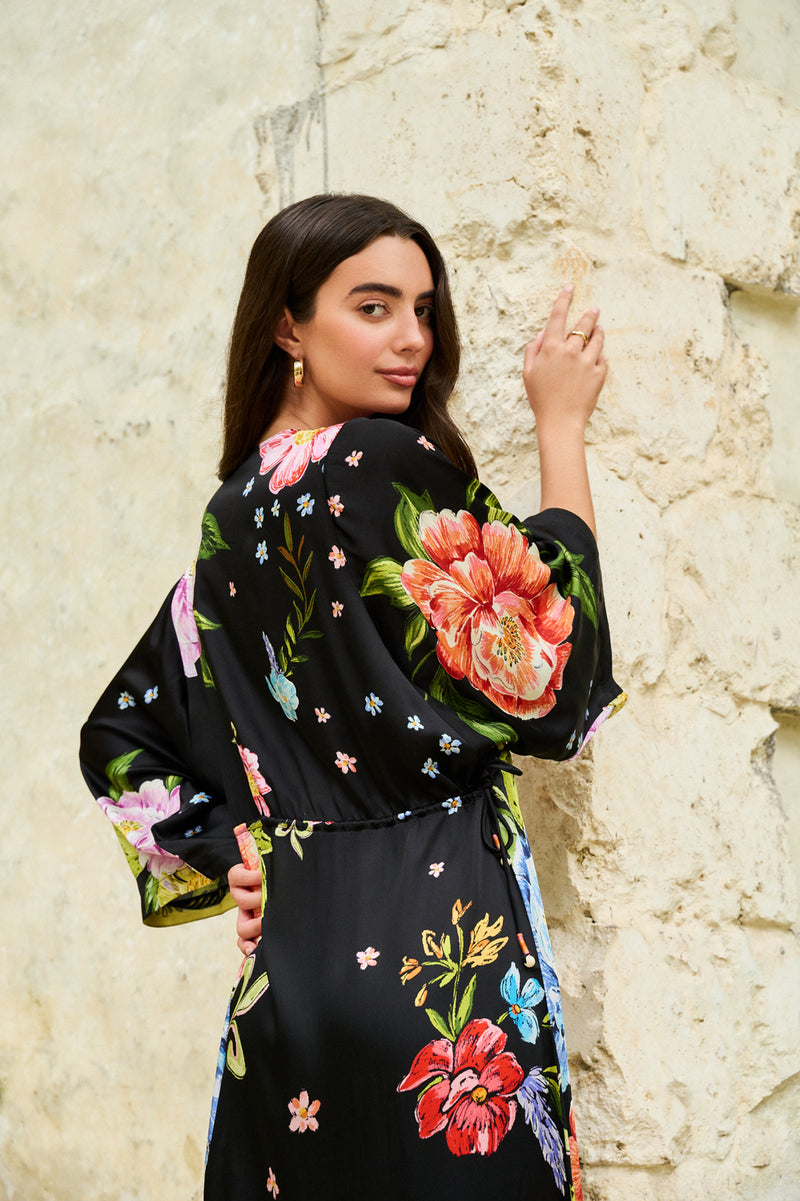 Viola Coverup-Bloom modal satin resort wear by NOIB in black for women Worldwide