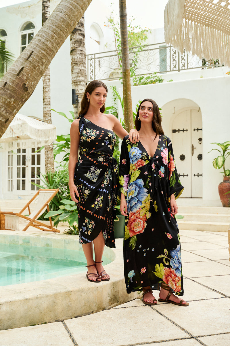 Viola Coverup-Bloom modal satin resort wear by NOIB in black for women Worldwide