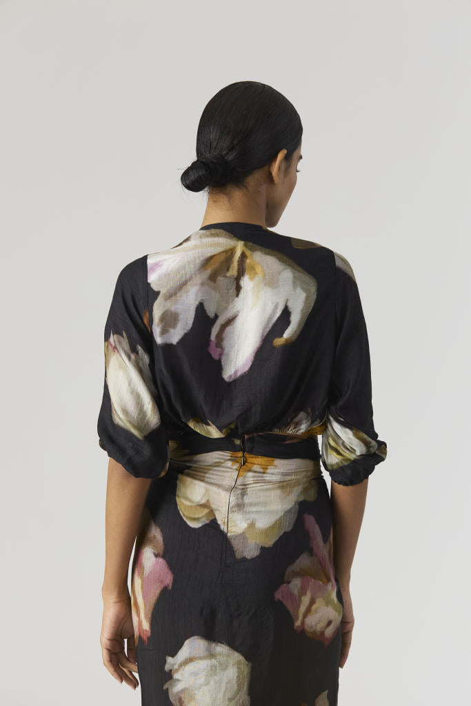 VIVA FIORI FRONT TIE UP TOP & SKIRT SET silk by Yam in black color for women Worldwide