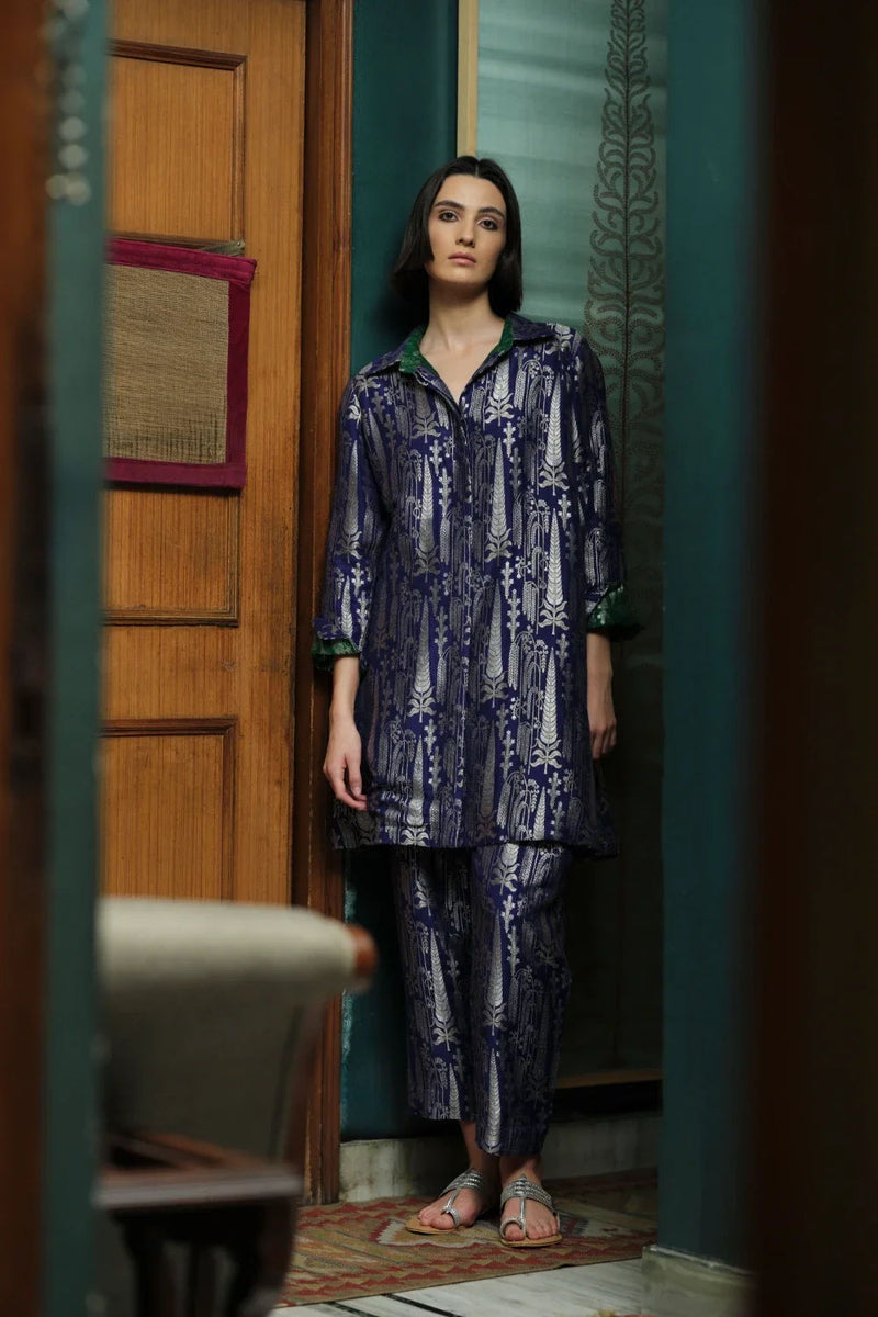 Vriksha' collared tunic and slim pants munga silk munga silk kurta/kurta set by Malika Mathur in purple for women Worldwide
