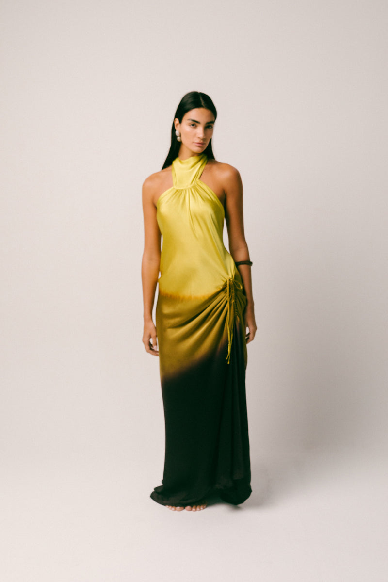 Purnama Silk Dress georgette silk dress by Ituvana in yellow ombre for women Worldwide