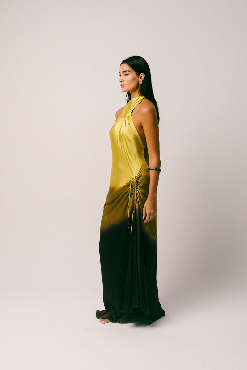 Purnama Silk Dress georgette silk dress by Ituvana in yellow ombre for women Worldwide