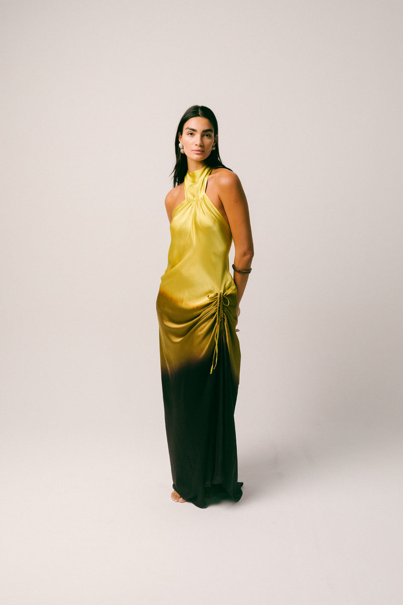 Purnama Silk Dress georgette silk dress by Ituvana in yellow ombre for women Worldwide