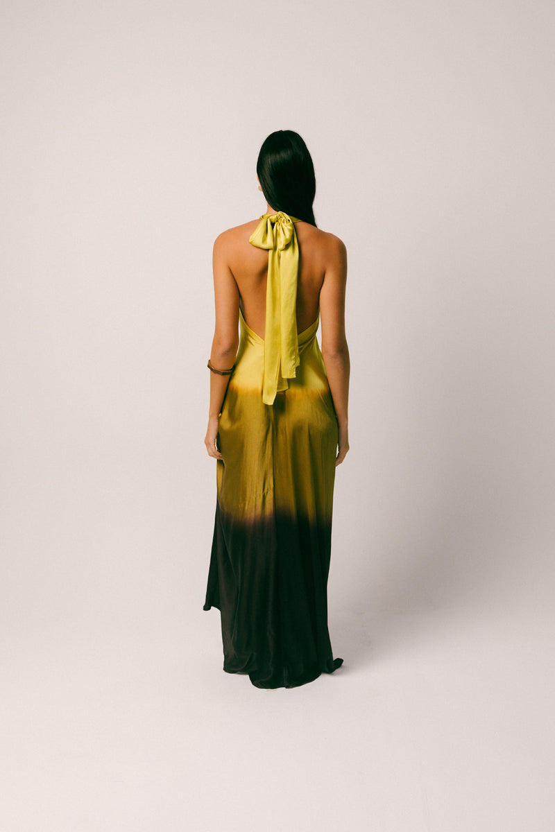 Purnama Silk Dress georgette silk dress by Ituvana in yellow ombre for women Worldwide