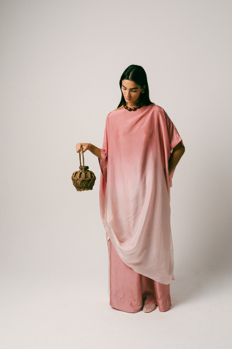 Bayu Silk Kaftan Set habutai silk co-ord set by Ituvana in rose for women Worldwide