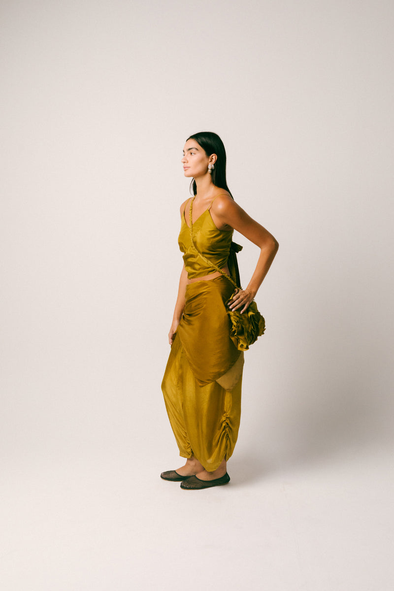 Rimba Silk Dhoti Set habutai silk co-ord set by Ituvana in olive for women Worldwide