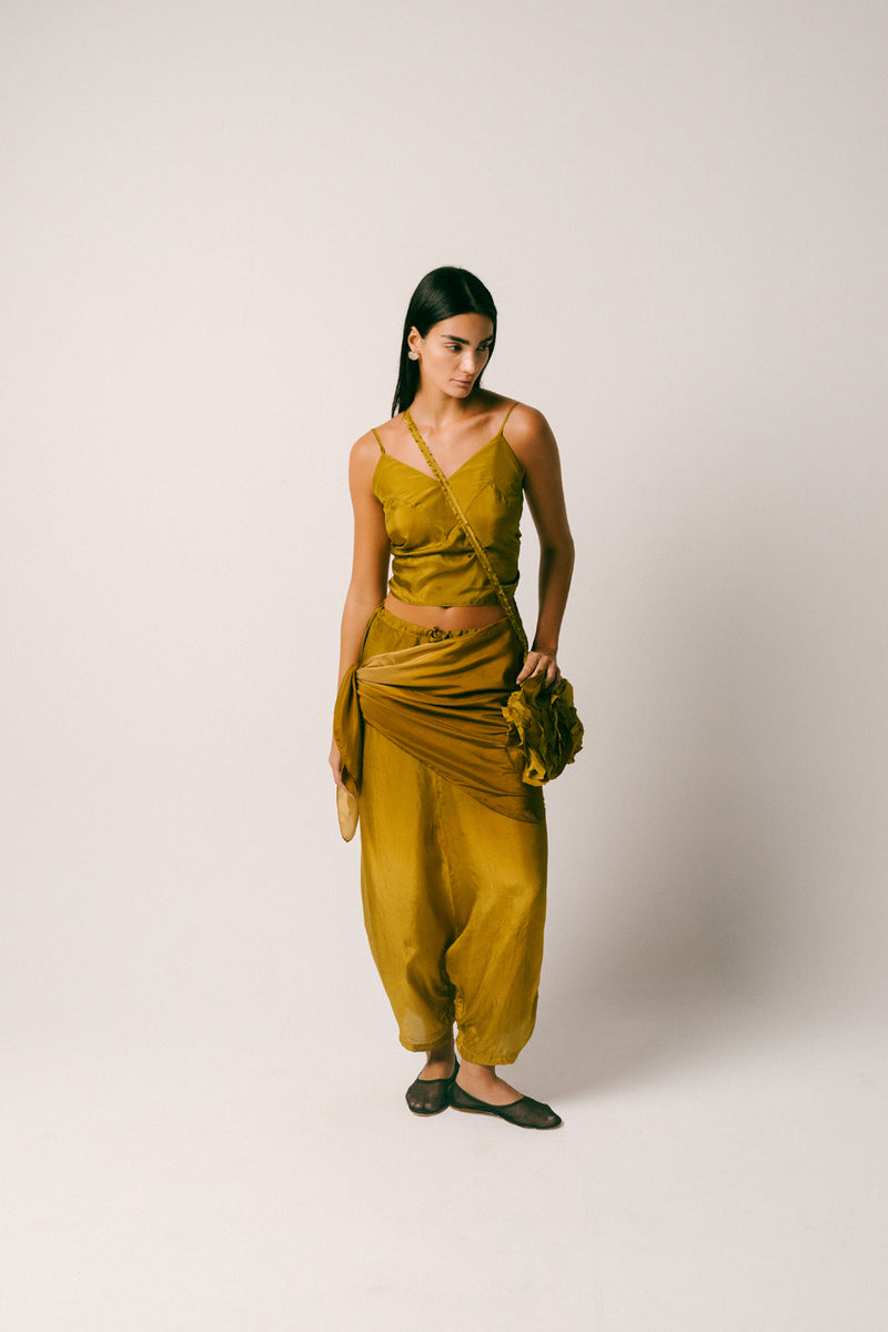 Rimba Silk Dhoti Set habutai silk co-ord set by Ituvana in olive for women Worldwide