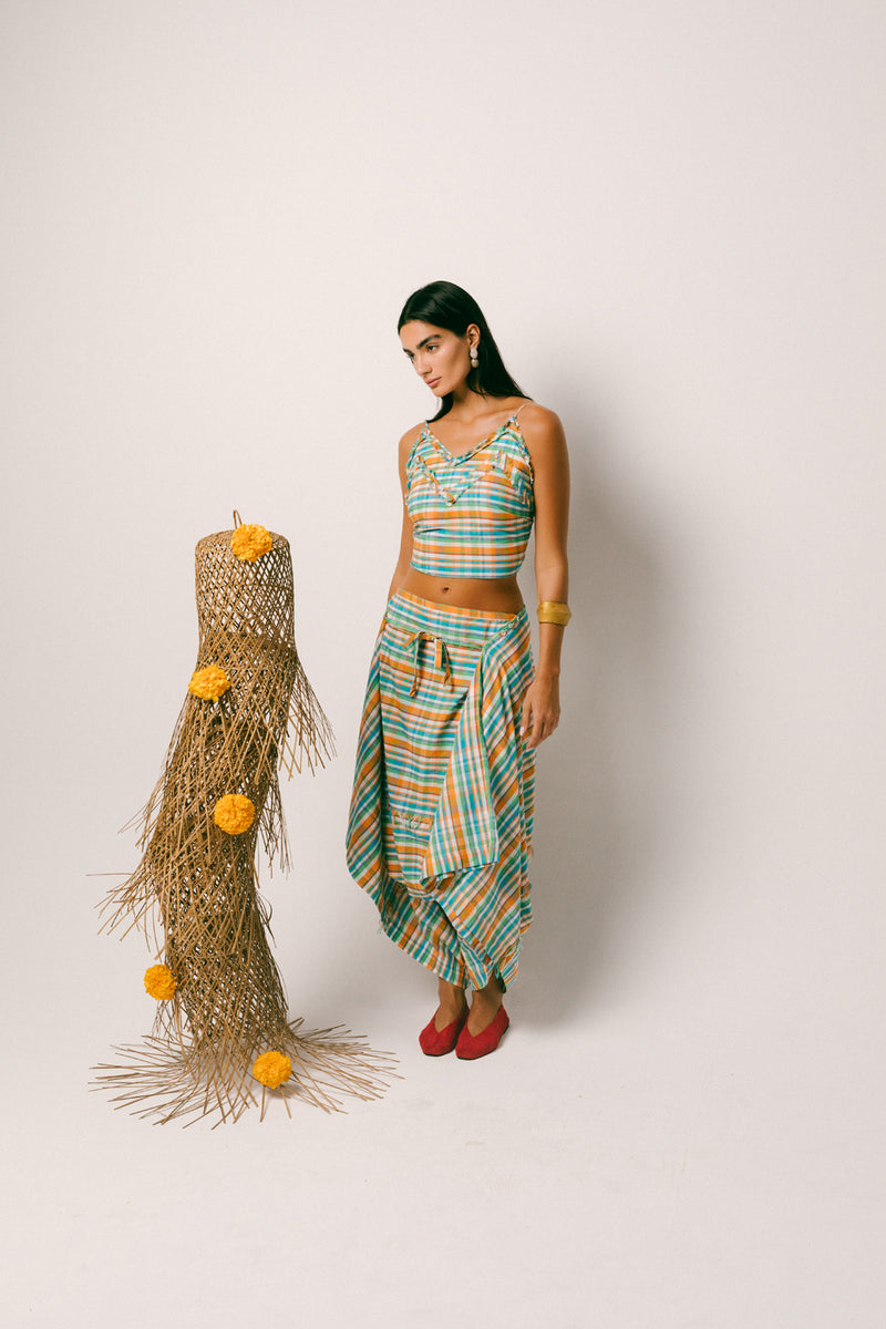 Rindu Cotton Dhoti Set madras cotton co-ord set by Ituvana in orange for women Worldwide