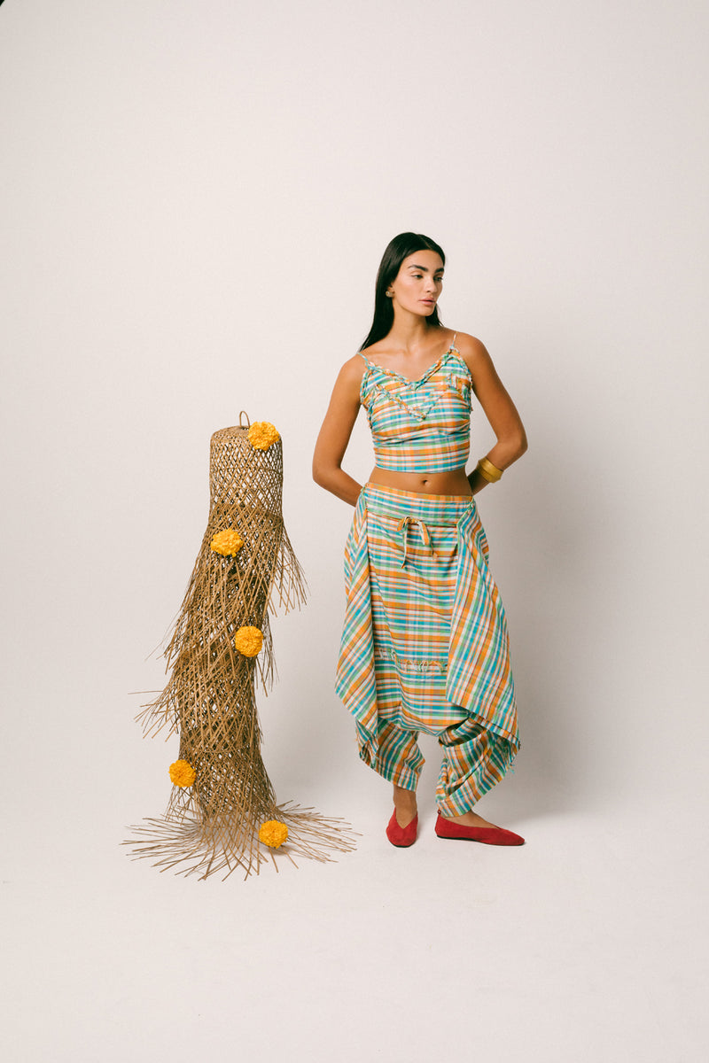 Rindu Cotton Dhoti Set madras cotton co-ord set by Ituvana in orange for women Worldwide