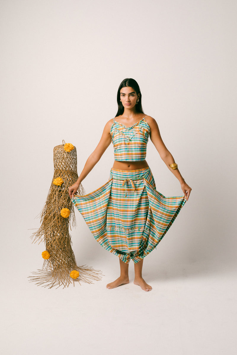 Rindu Cotton Dhoti Set madras cotton co-ord set by Ituvana in orange for women Worldwide