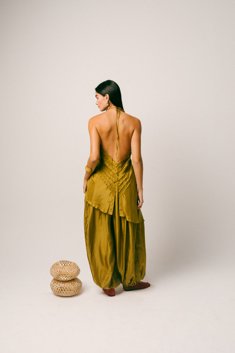 Sawah Baloon Pant Set habutai silk co-ord set by Ituvana in olive for women Worldwide