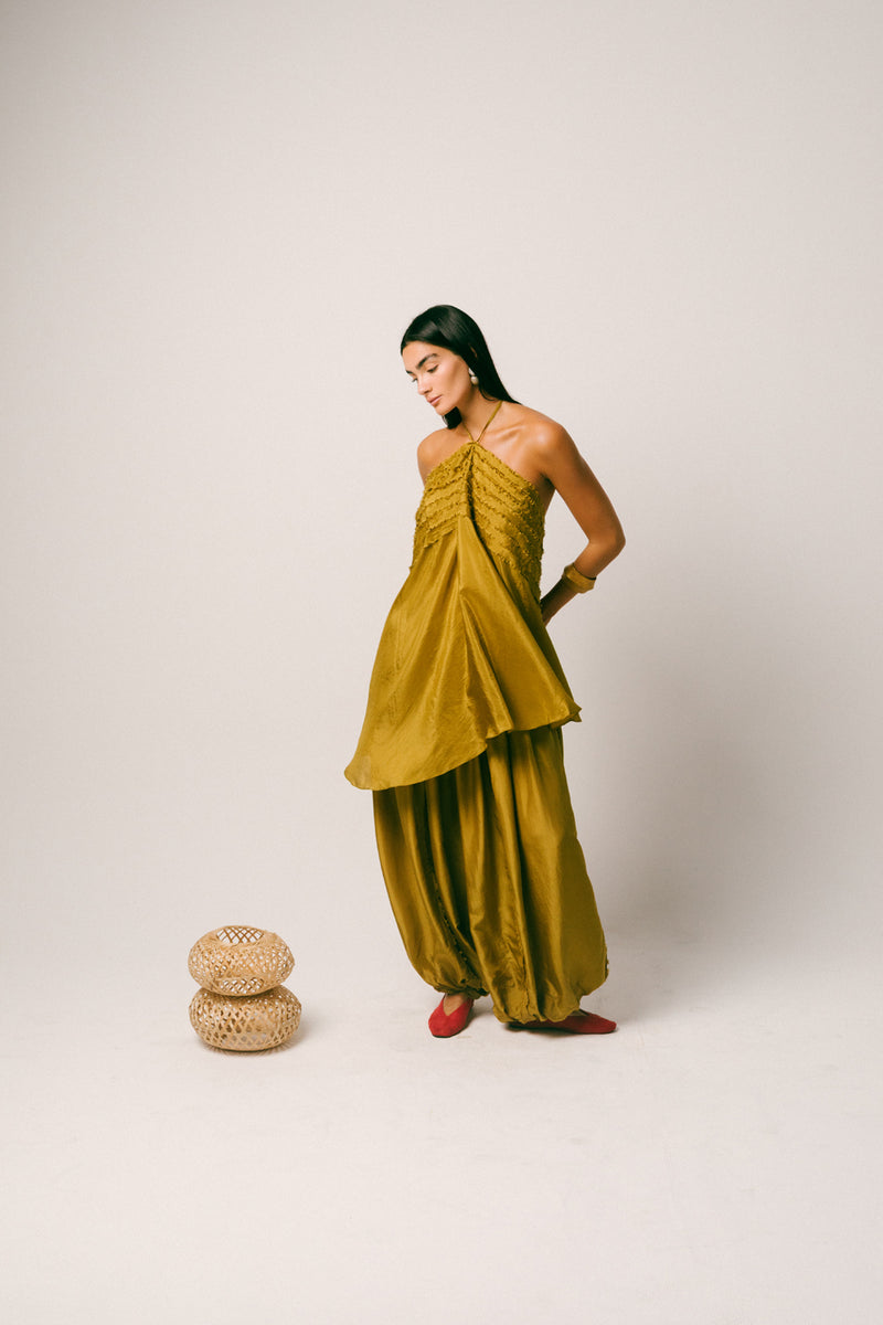 Sawah Baloon Pant Set habutai silk co-ord set by Ituvana in olive for women Worldwide
