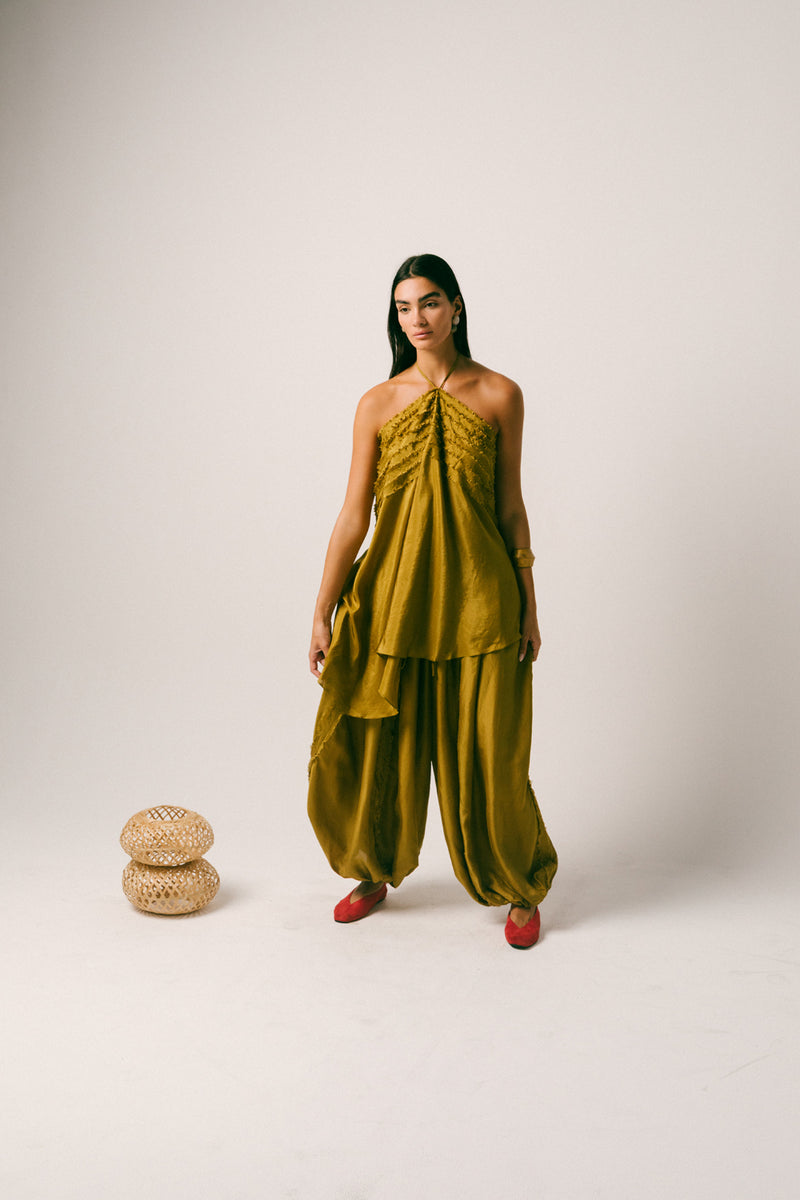 Sawah Baloon Pant Set habutai silk co-ord set by Ituvana in olive for women Worldwide
