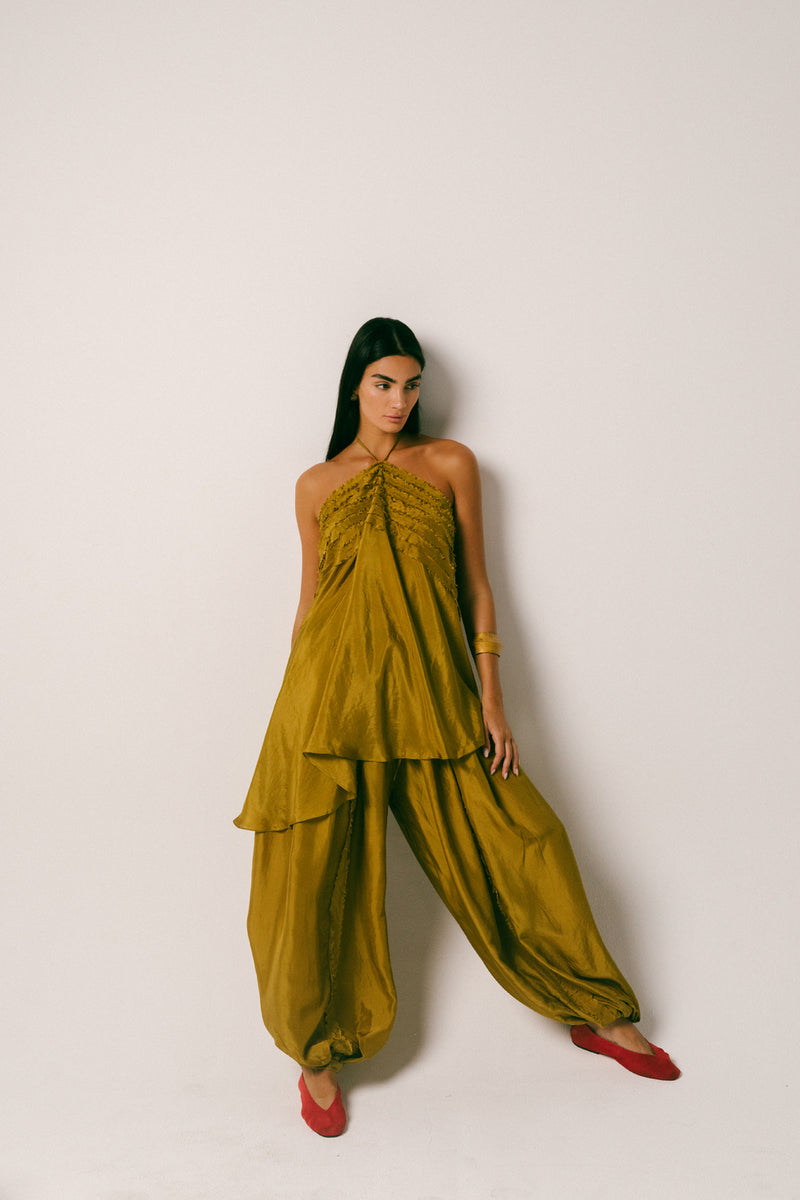 Sawah Baloon Pant Set habutai silk co-ord set by Ituvana in olive for women Worldwide
