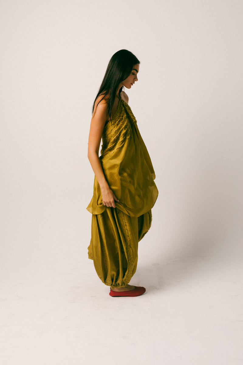 Sawah Baloon Pant Set habutai silk co-ord set by Ituvana in olive for women Worldwide