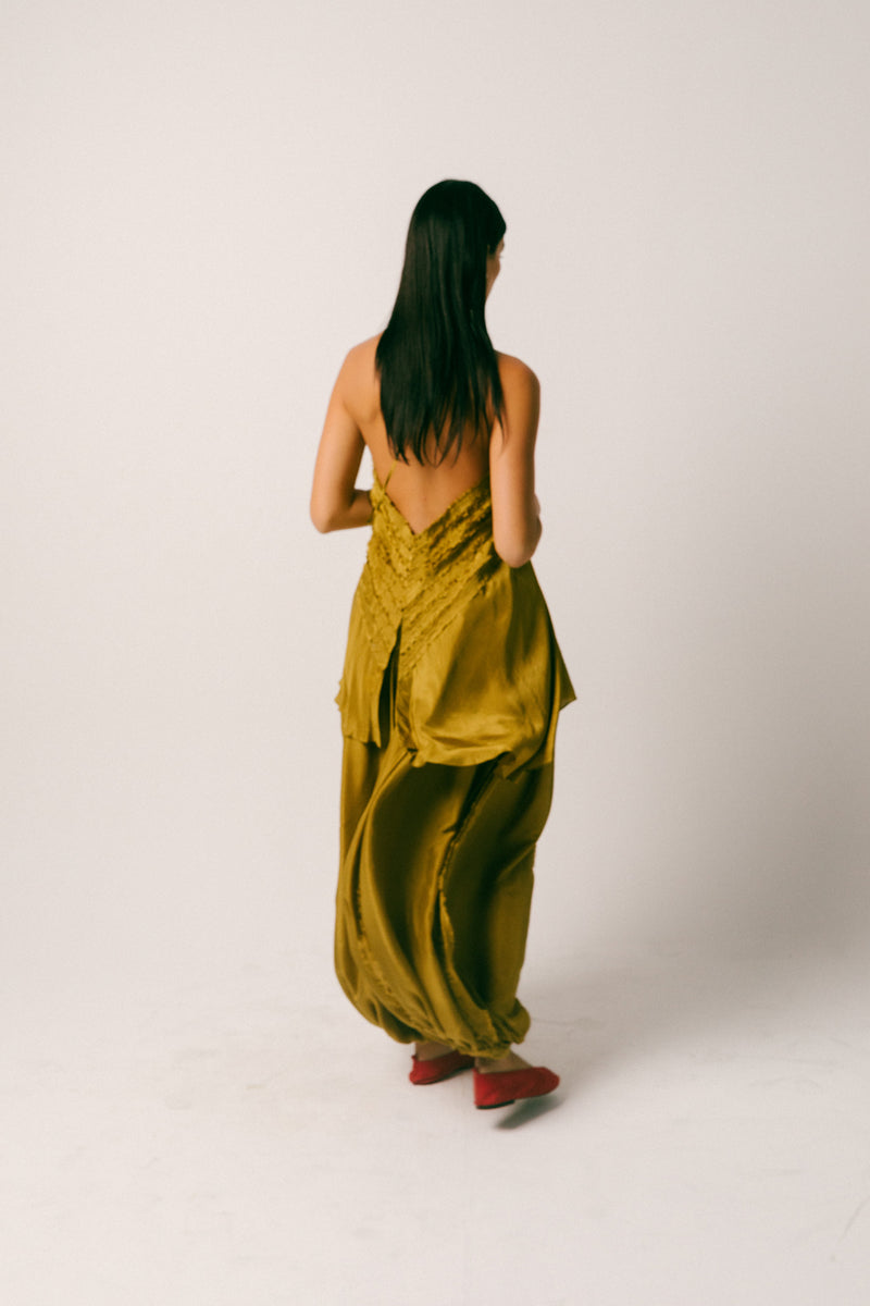 Sawah Baloon Pant Set habutai silk co-ord set by Ituvana in olive for women Worldwide