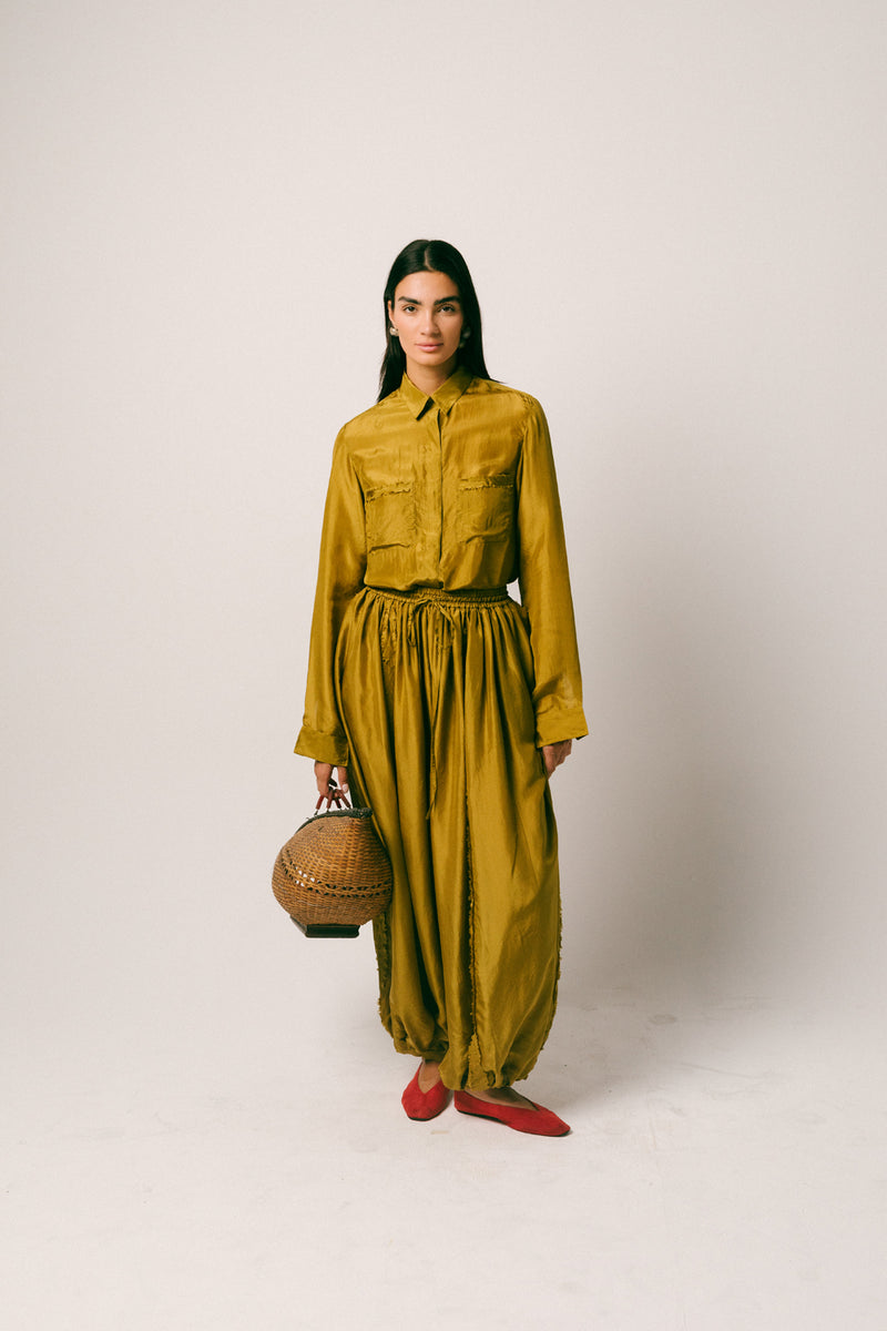 Cahaya Silk Pant Set habutai silk co-ord set by Ituvana in warm olive for women Worldwide