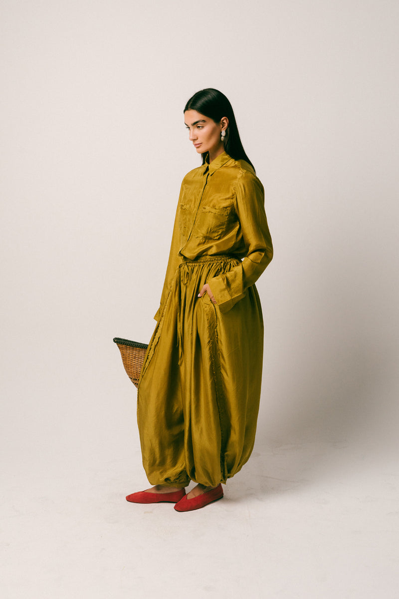 Cahaya Silk Pant Set habutai silk co-ord set by Ituvana in warm olive for women Worldwide